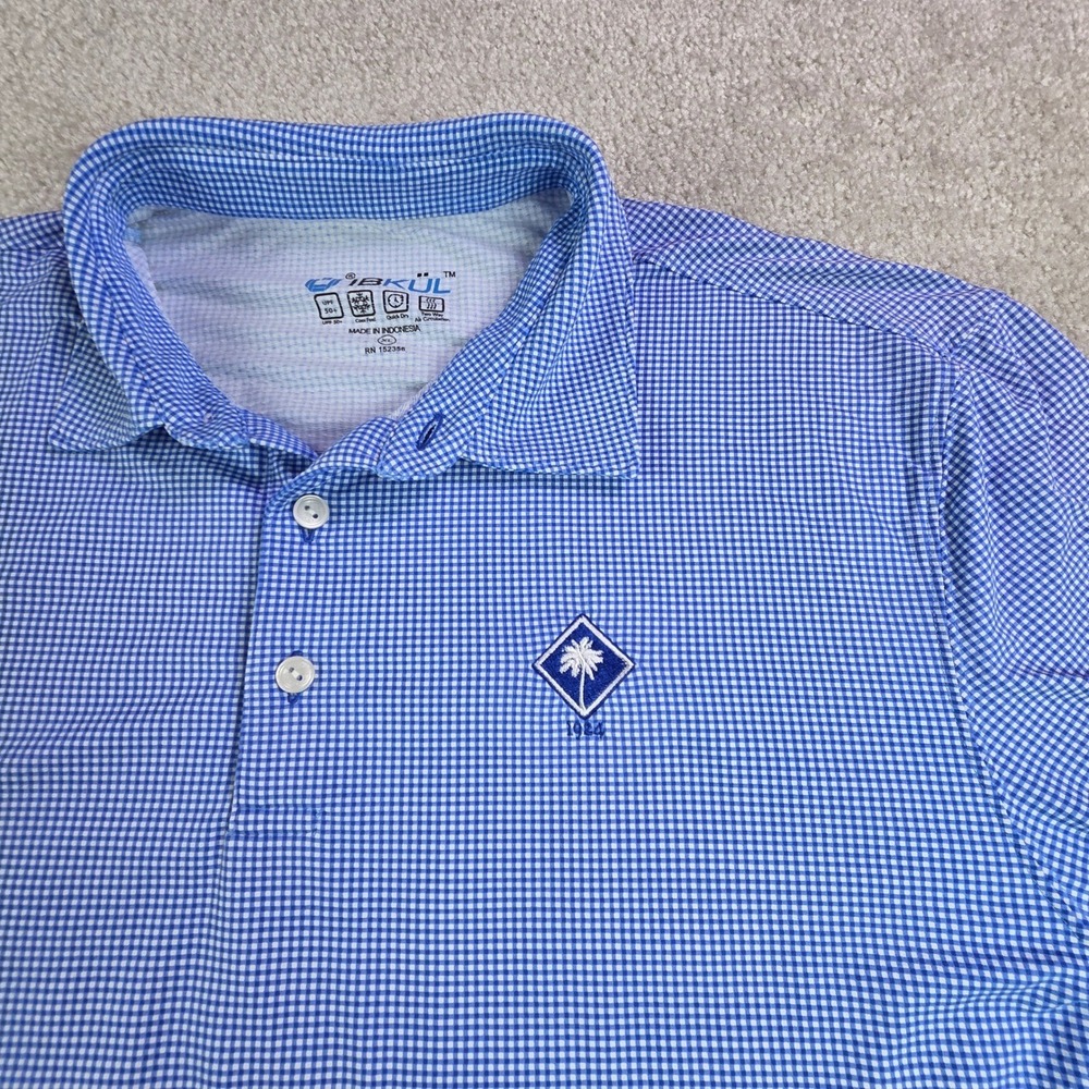 IBKul Mens Golf Polo Shirt Long Sleeve Blue Gingham UPF 50+ Quick Dry XL